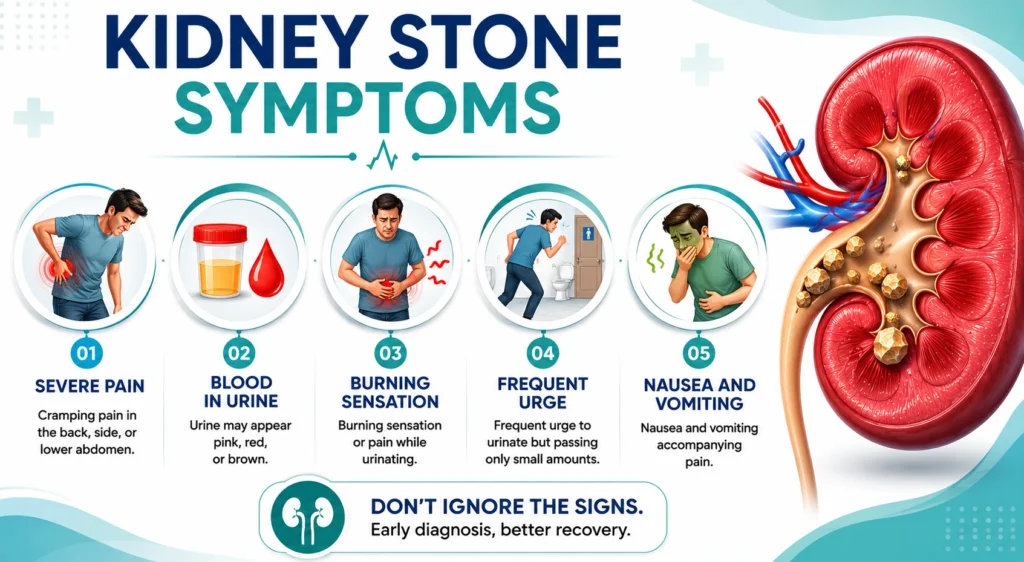 Kidney stone causes and symptoms illustrated.